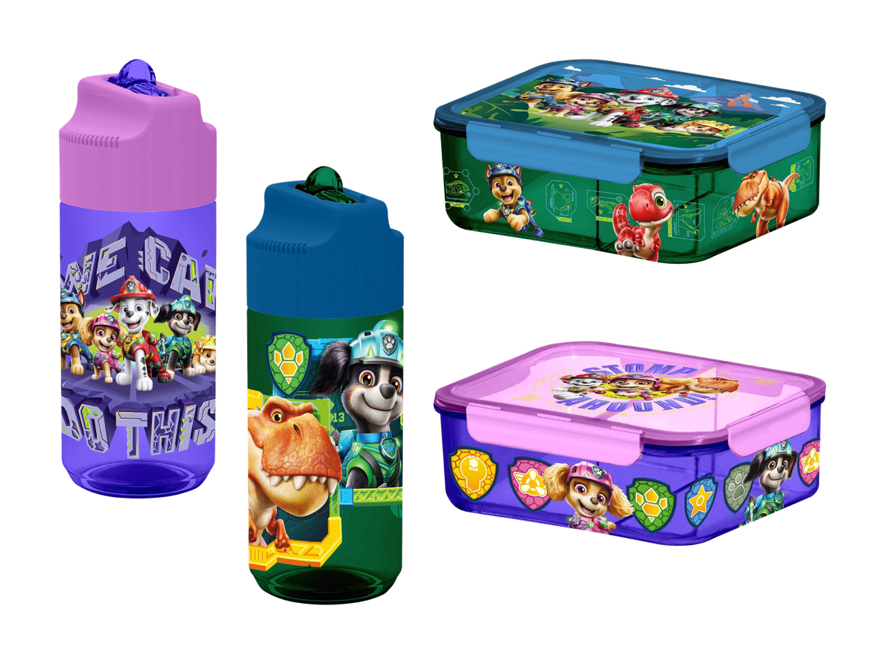 To madkasser og to drikkeflasker med Paw Patrol og dinosaur-tema.