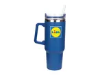 Lidl márkájú, kék színű, hordozható kulacs szívószállal.
