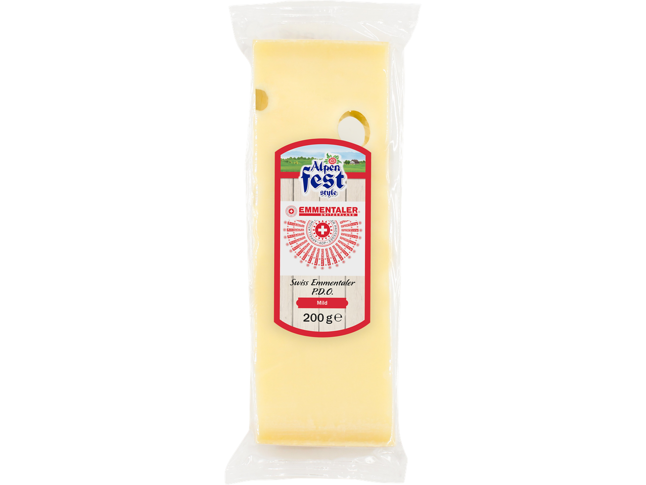 Packaged Swiss Emmentaler P.D.O. cheese, mild, 200g, with an alpine-themed label.