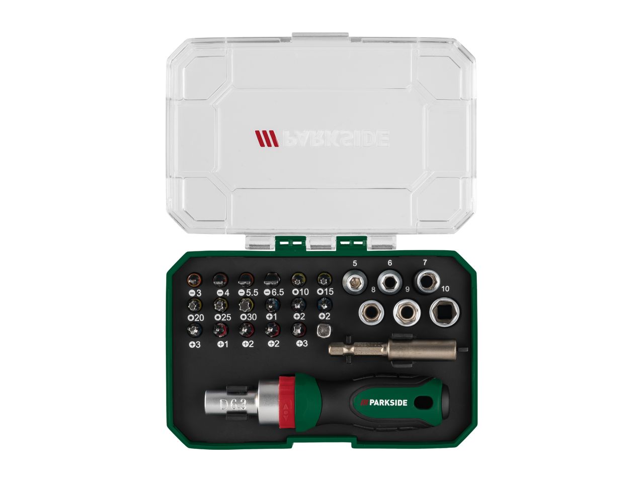 Screwdriver bit set with various bits, sockets, and a ratchet screwdriver in a case.