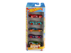 Hot Wheels Stunt Tracks 5 žaislinių automobilių rinkinys raudonos, žalsvai mėlynos, mėlynos, violetinės ir žalios spalvos.