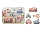 Wooden puzzle with various vehicles like a train, car, helicopter, boat, and scooter.
