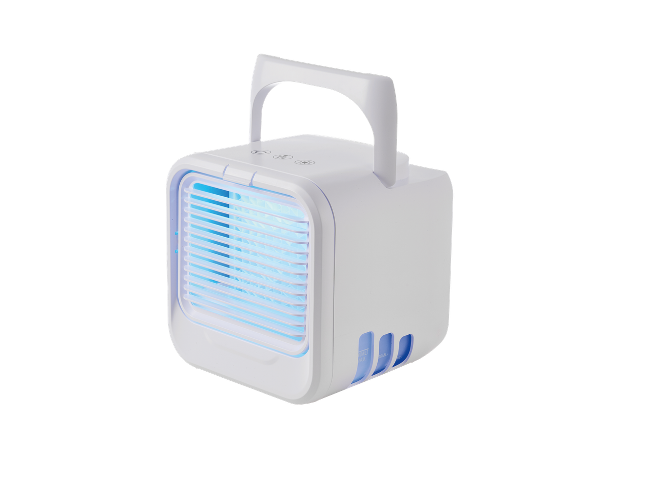 Portable white air cooler with blue light and handle