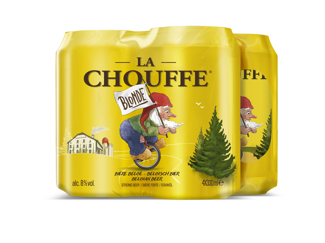 Gele 4-pack bierblikjes met een kabouter op een eenwieler en een brouwerij op de achtergrond.