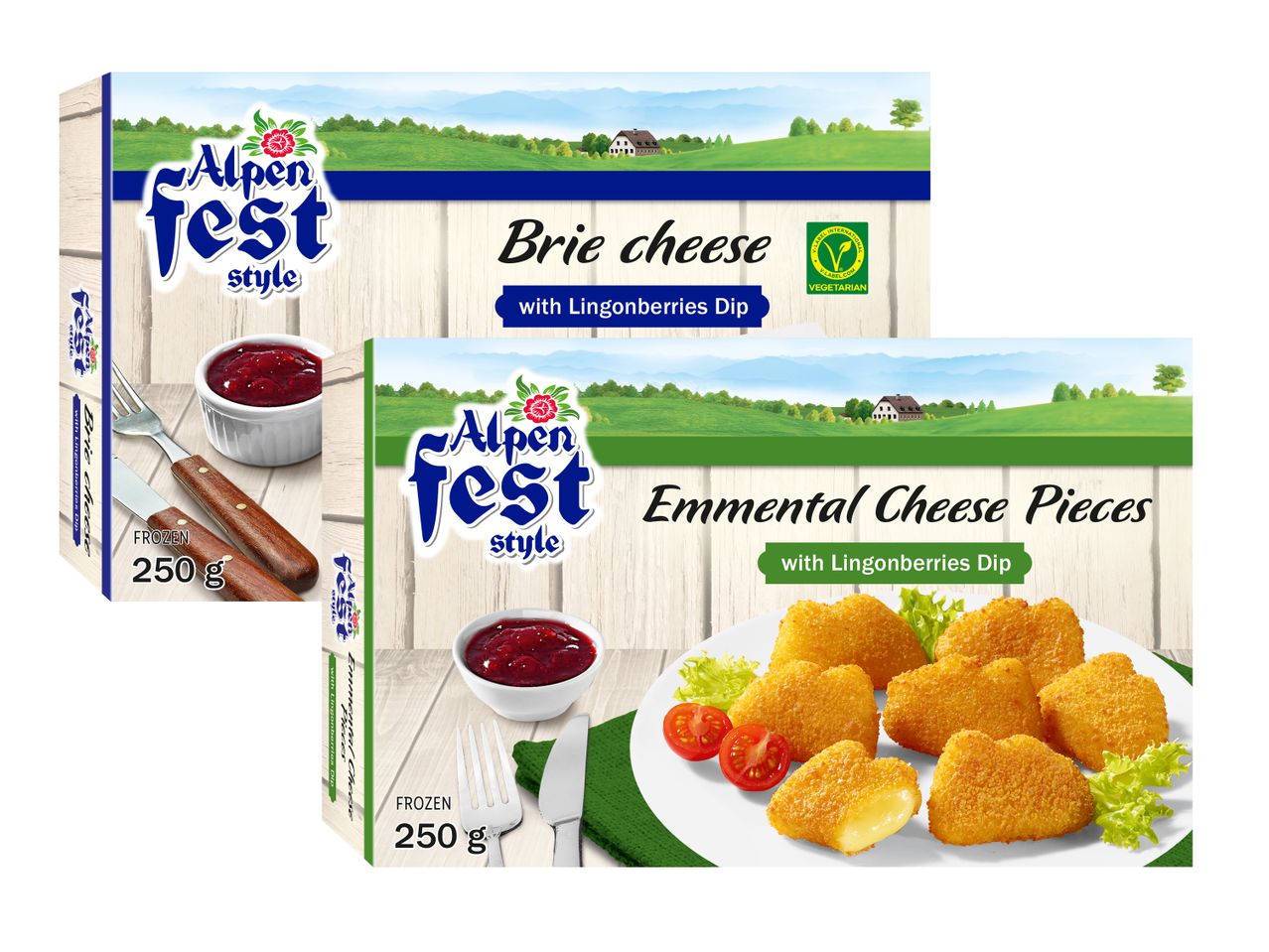 Alpenfest Style Brie un Emmental siera iepakojumi ar brūkleņu mērci.