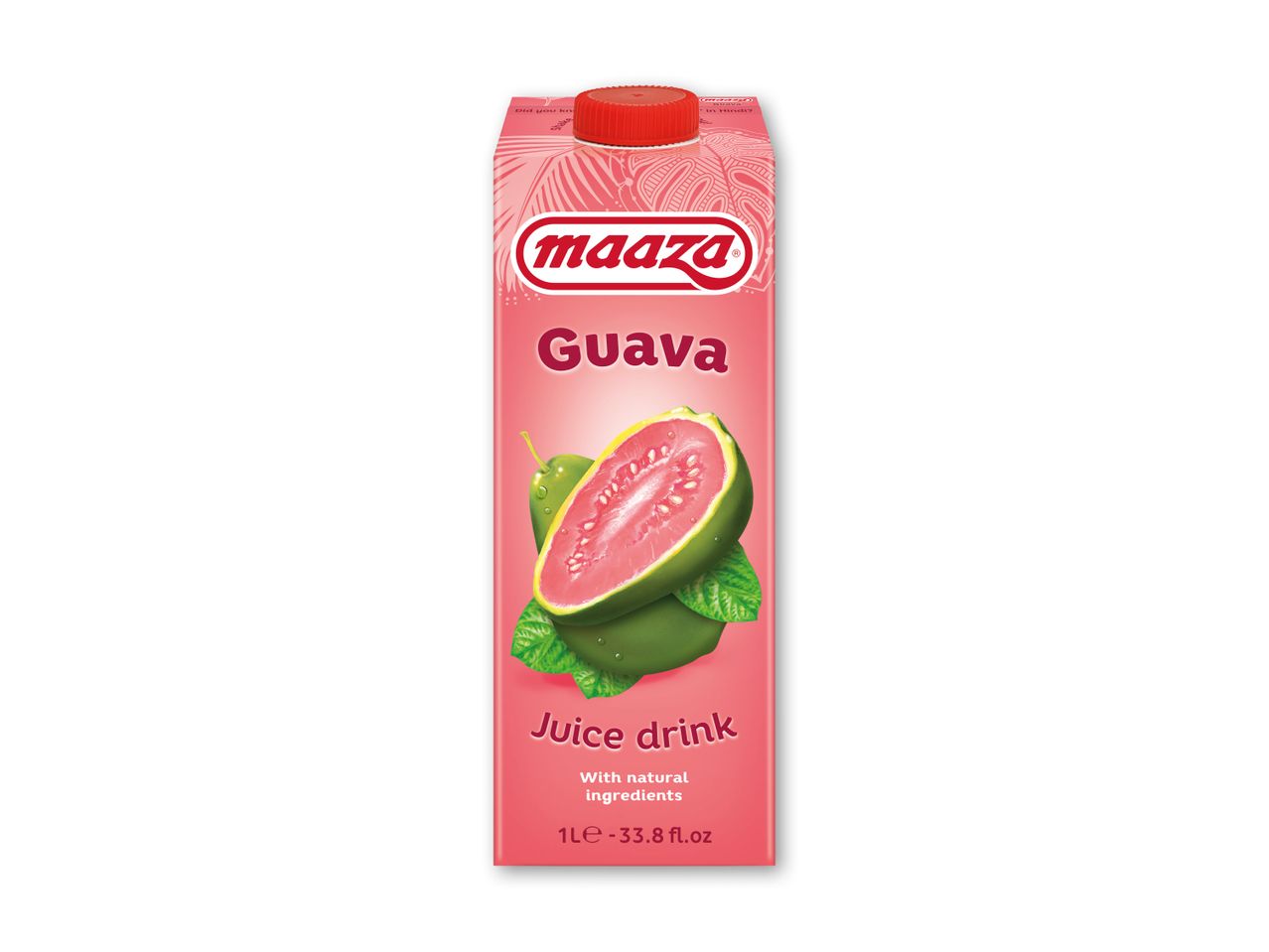 Guava juicedrik i en lyserød karton med illustrationer af guavafrugter.