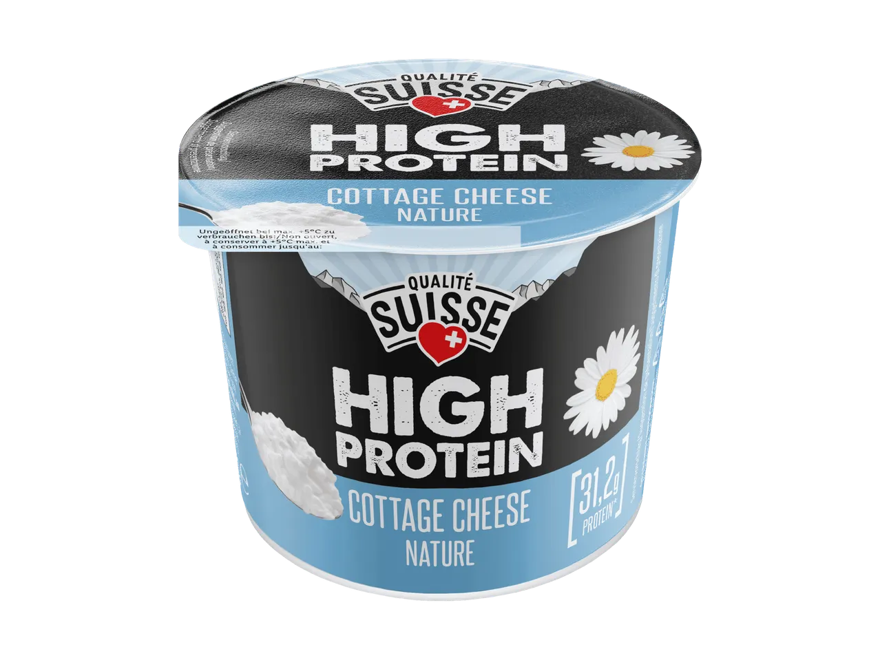 Becher mit proteinreichem Hüttenkäse von Qualité Suisse.
