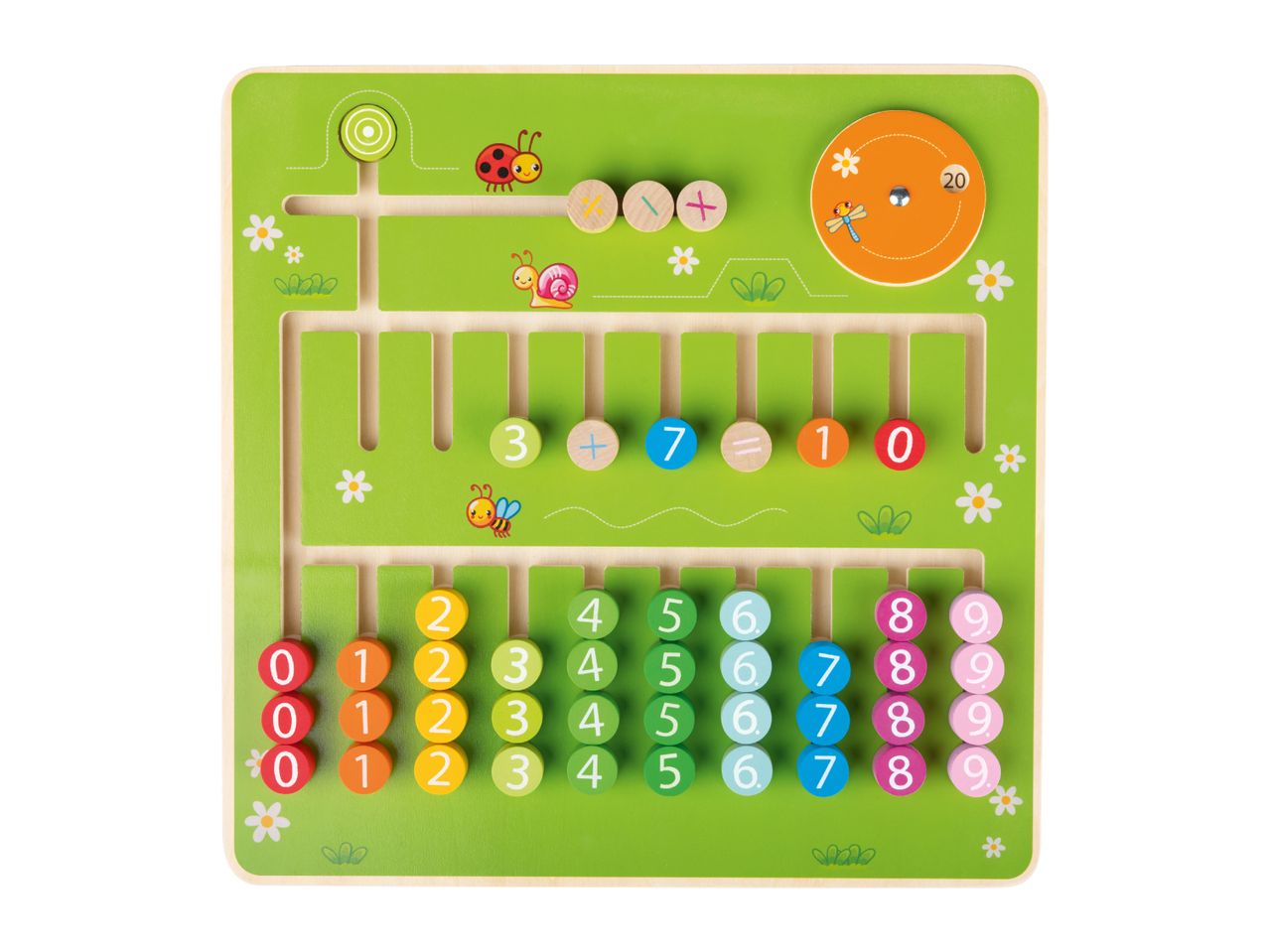 Wooden math learning board with numbers, arithmetic symbols, and animal illustrations.
