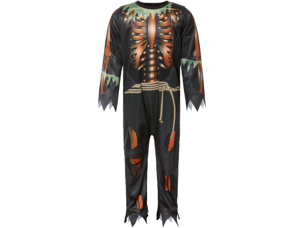 Kids' Halloween scarecrow costume with skeleton print and rope detail