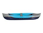 Inflatable kayak in blue and grey, folded for storage or transport.