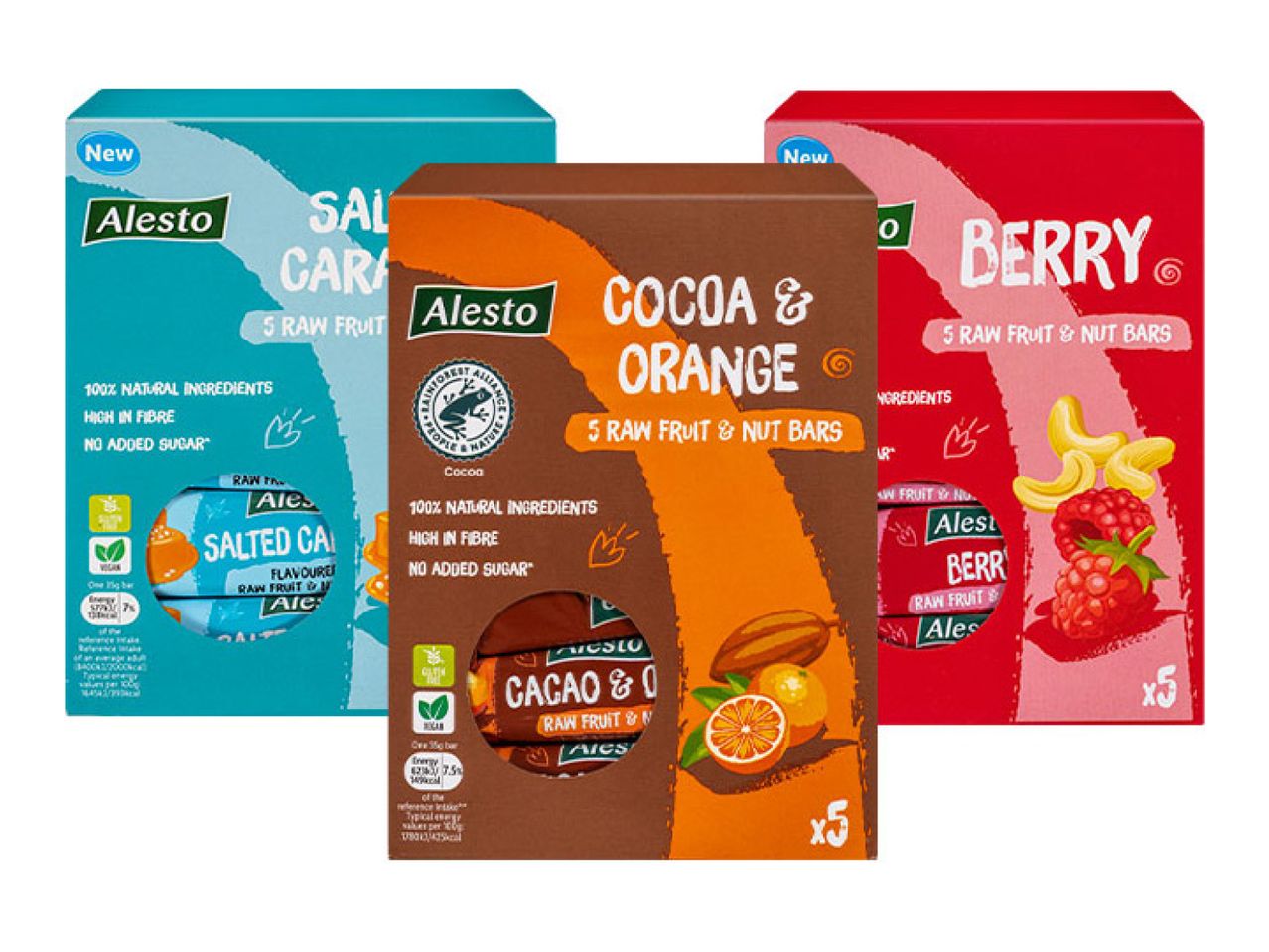 Three boxes of Alesto raw fruit and nut bars in Salted Caramel, Cocoa & Orange, and Berry flavors.