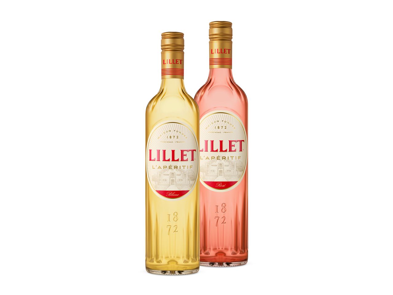 Zwei Flaschen Lillet Aperitif, eine weiße und eine roséfarbene.