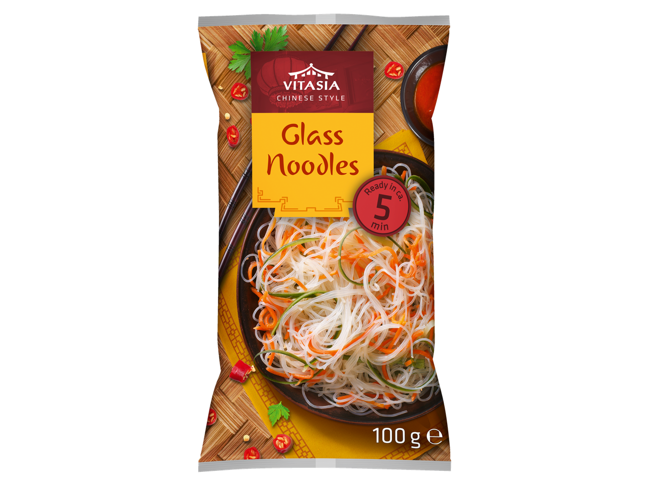 VitAsia tăiței de sticlă, stil chinezesc, pachet de 100 g, gata în 5 minute.