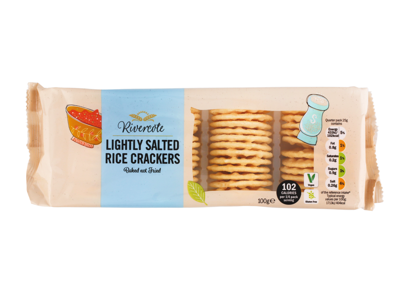 Rivercote Lightly Salted Rice Crackers, baked not fried, with nutritional information.