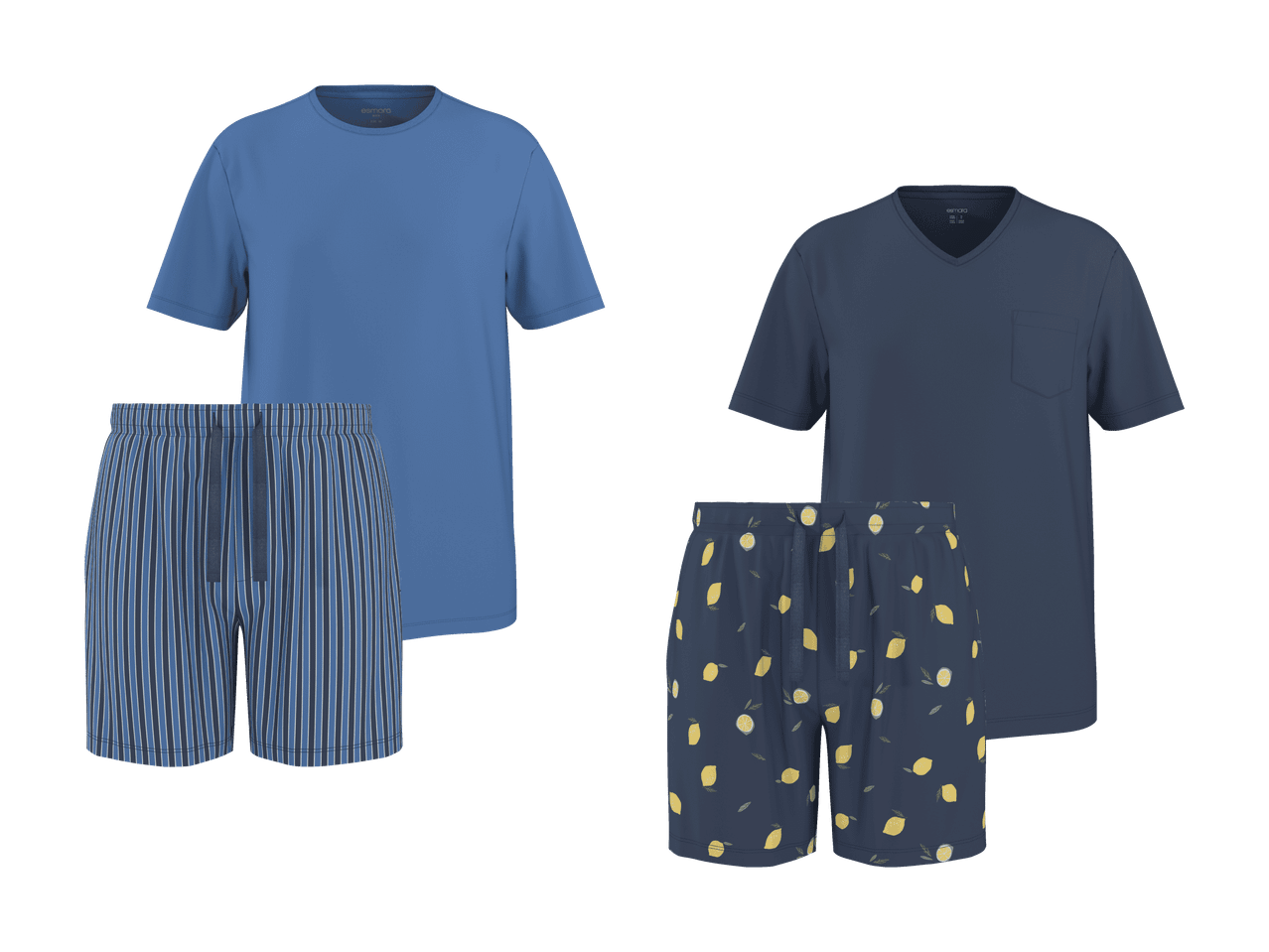 Zwei Pyjama-Sets: ein blaues T-Shirt mit gestreiften Shorts und ein marineblaues T-Shirt mit Zitronen-Shorts.