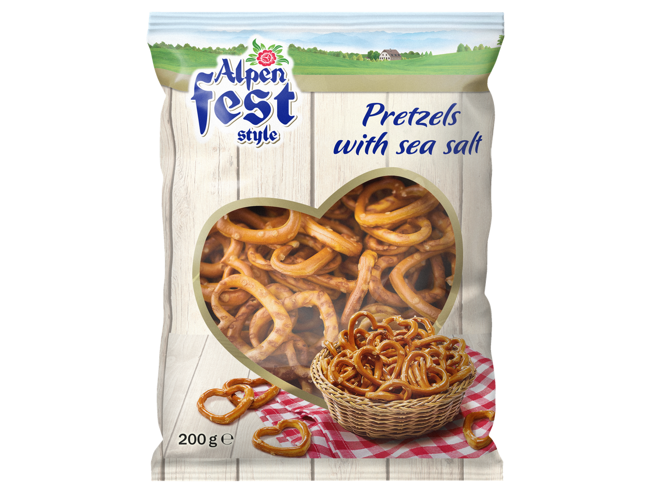 Alpenfest Heart-Shaped Pretzels with sea salt, 200g, in a bag with a rustic design.