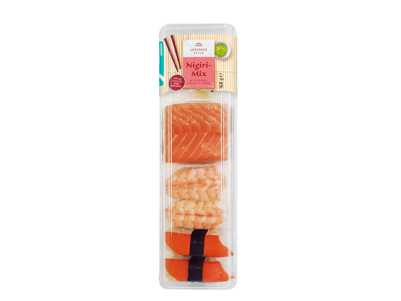 Vitasia Nigiri Mix met zalm, garnalen en surimi, Japanse stijl.
