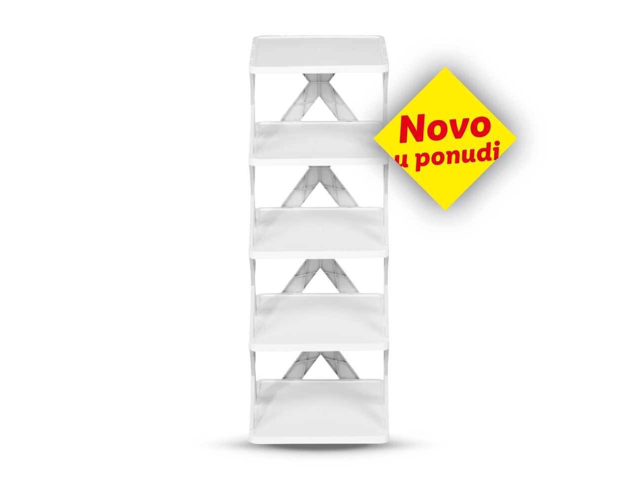 Bijela polica s natpisom 'Novo u ponudi' na žutoj naljepnici.