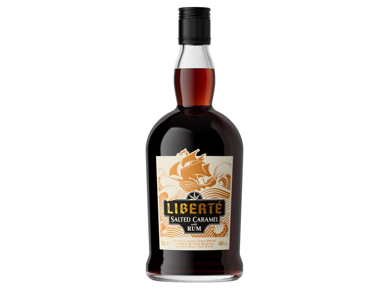 Liberté Salted Caramel Rum bottle with a ship and waves on the label.
