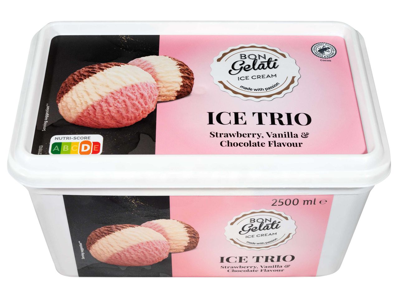 Bon Gelati Ice Trio eper, vanília és csokoládé ízű fagylalt, 2500 ml-es kiszerelésben.