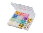 Clear plastic organizer box filled with various colorful beads and jewelry-making supplies.