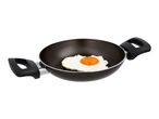 Fried egg in a dark non-stick pan with two black handles
