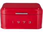 Caixa de pão Smeg vermelha com '1973' gravado na frente.