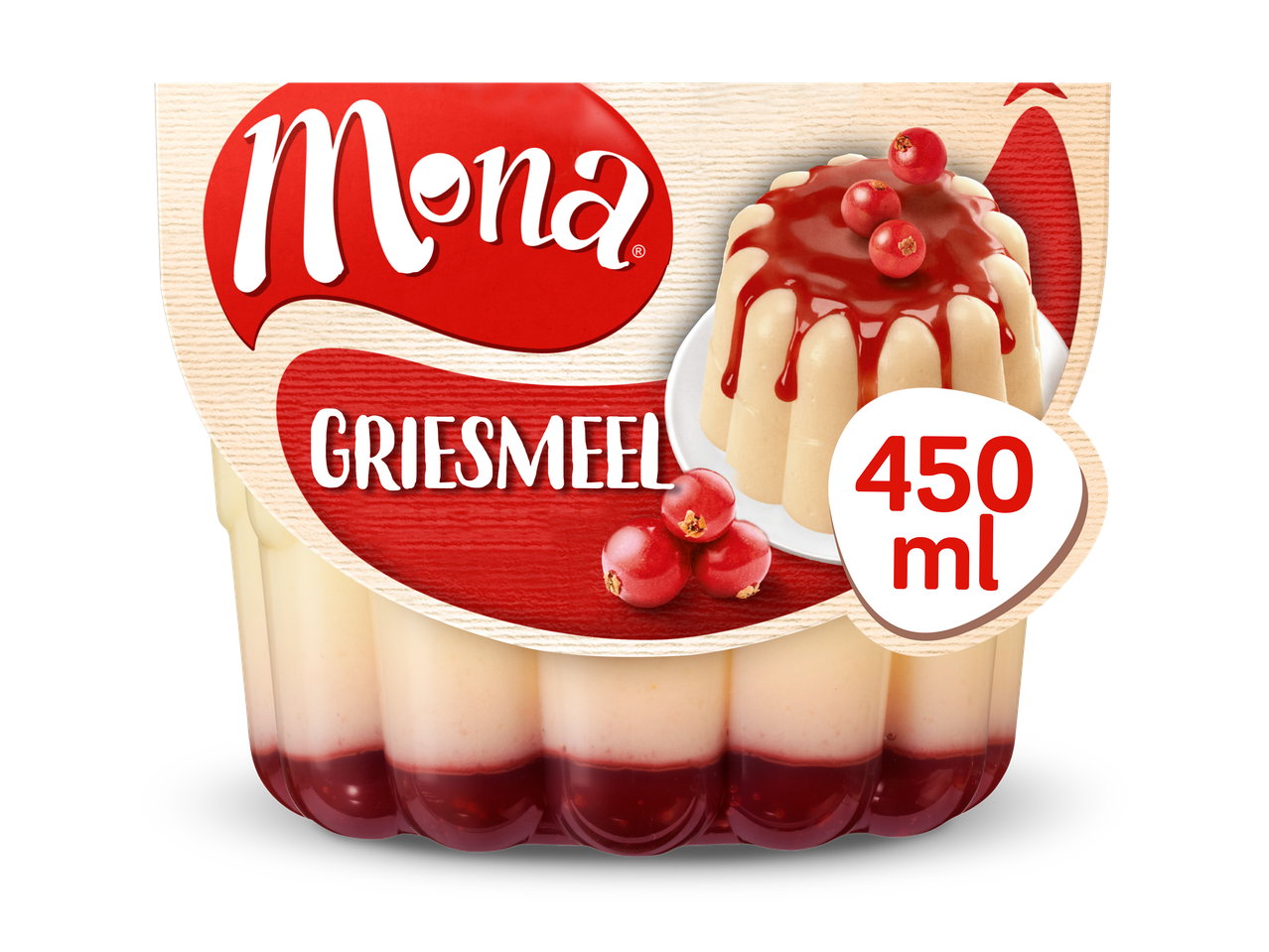 Griesmeelpudding met rode bessensaus en bessen, 450 ml.