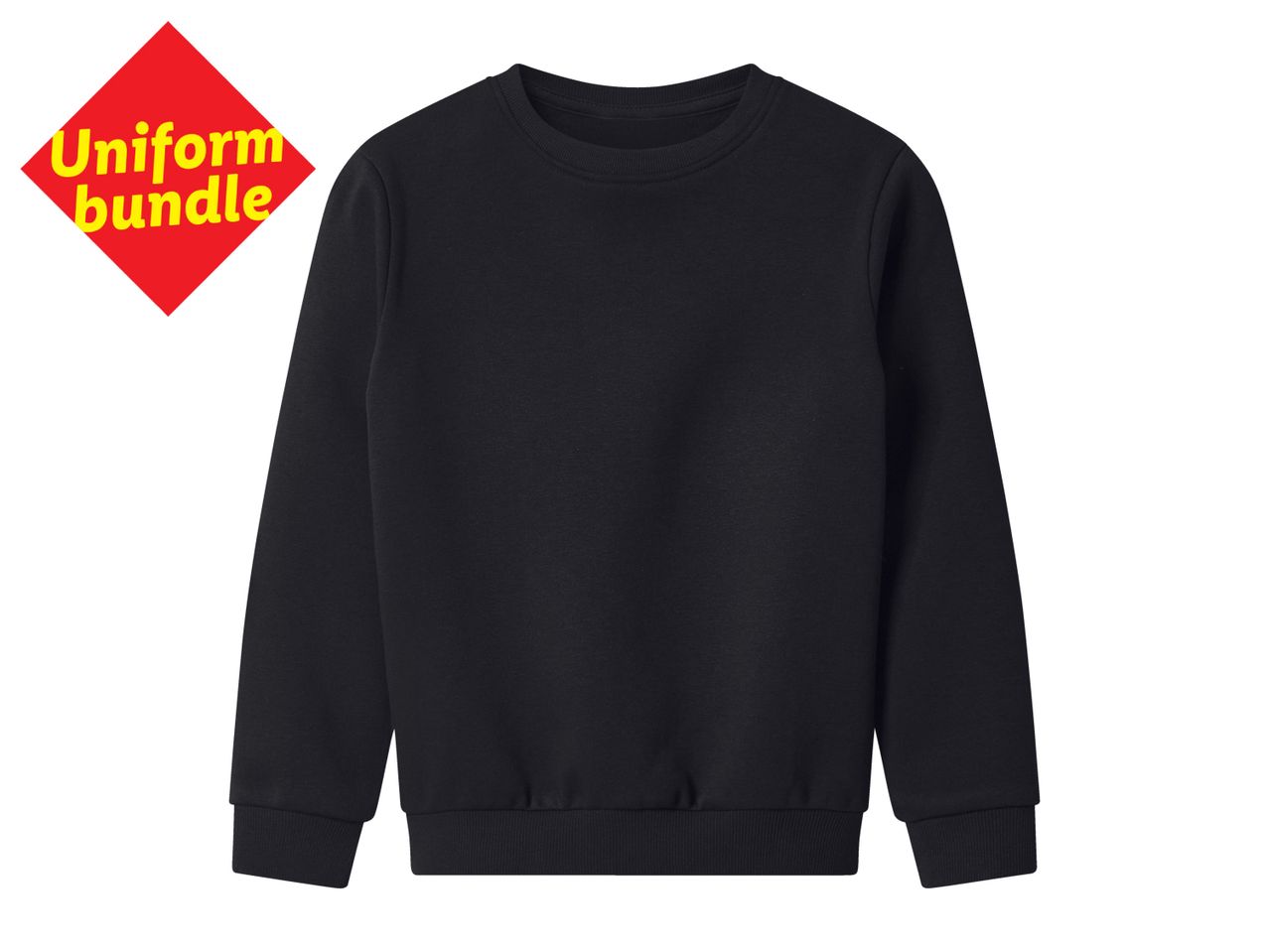 Black sweatshirt with a red diamond graphic that says 'Uniform bundle' in yellow text.