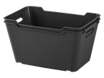 Divas pelēkas plastmasas kastes, sakrautas viena uz otras.