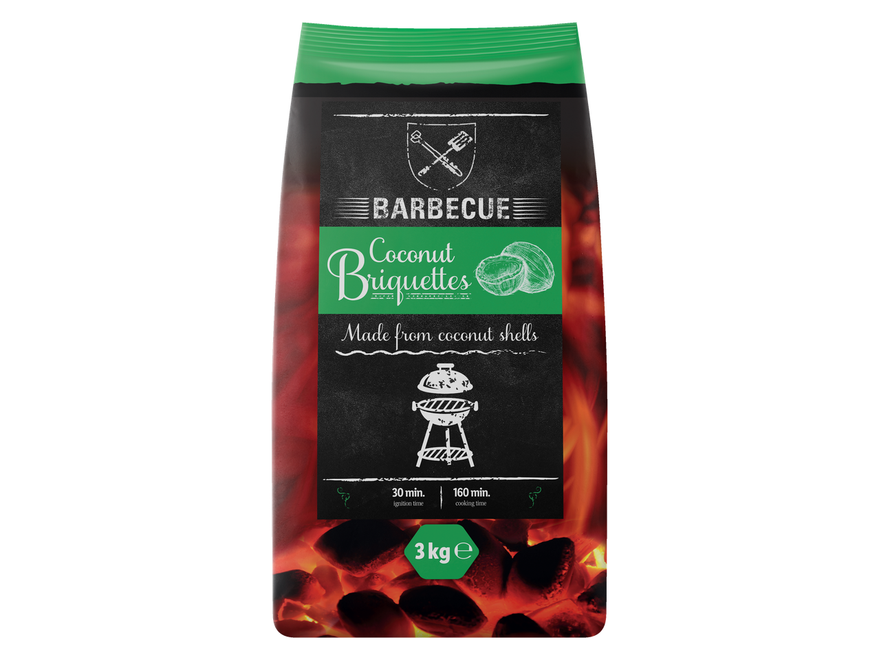 Barbecue kokosbriketten: 3 kg, gemaakt van kokosnootschalen.