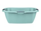 Light blue laundry basket with dark grey handles and a perforated design.