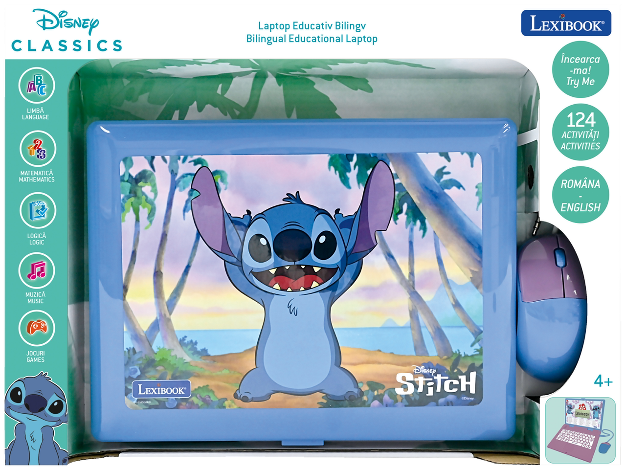 Laptop educațional bilingv Disney Stitch de la Lexibook, cu 124 de activități.