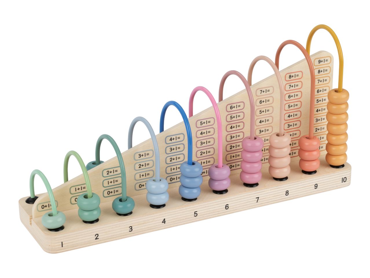 Wooden abacus with colorful beads and math equations for learning addition.