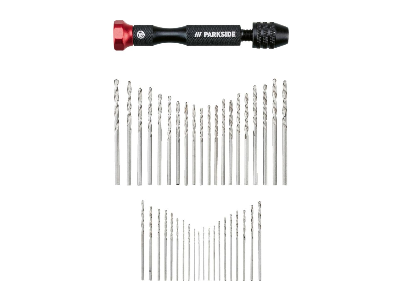 Precision hand drill with a set of various sized drill bits.