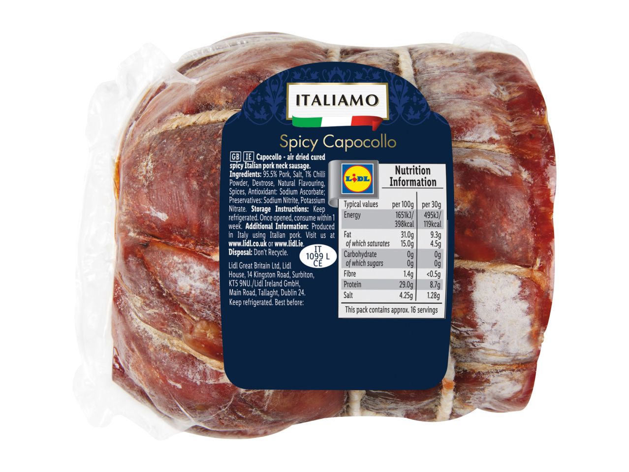 Spicy Capocollo, an air-dried cured Italian pork neck sausage, with nutritional information.