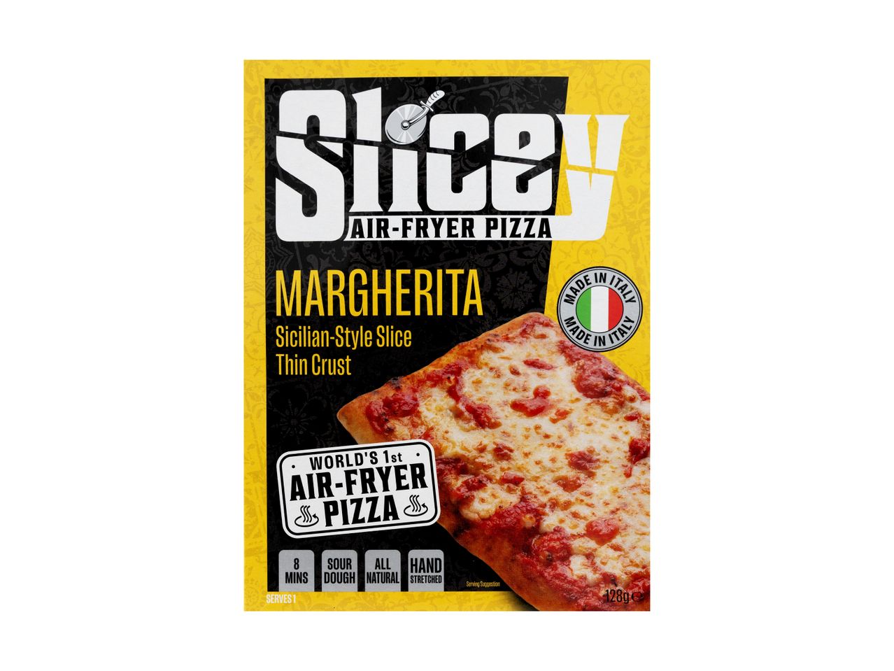 Slicey Margherita Air-Fryer Pizza: Sicilian-style, thin crust, made in Italy.