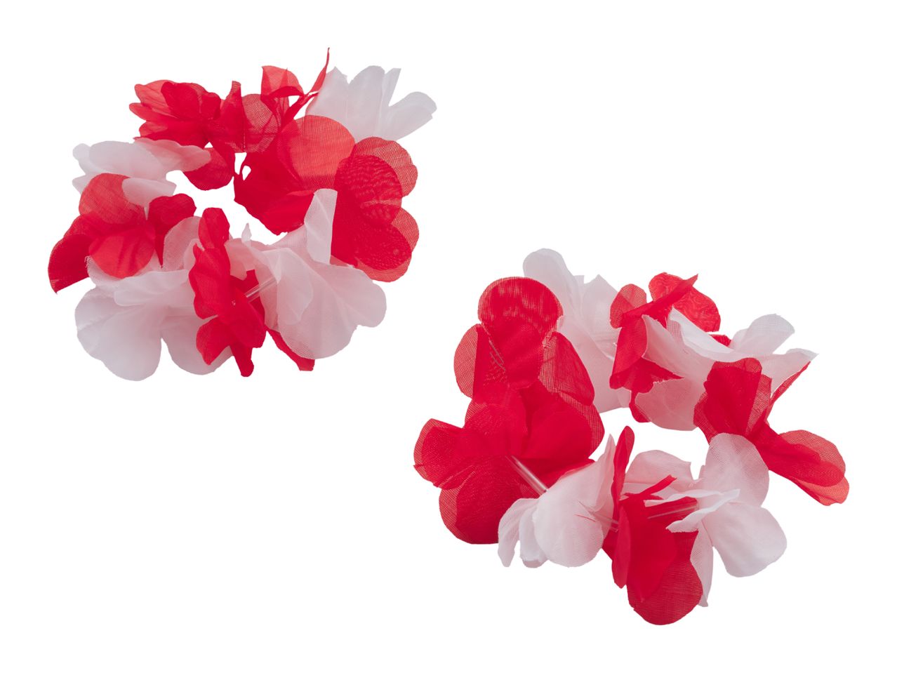Two red and white flower leis