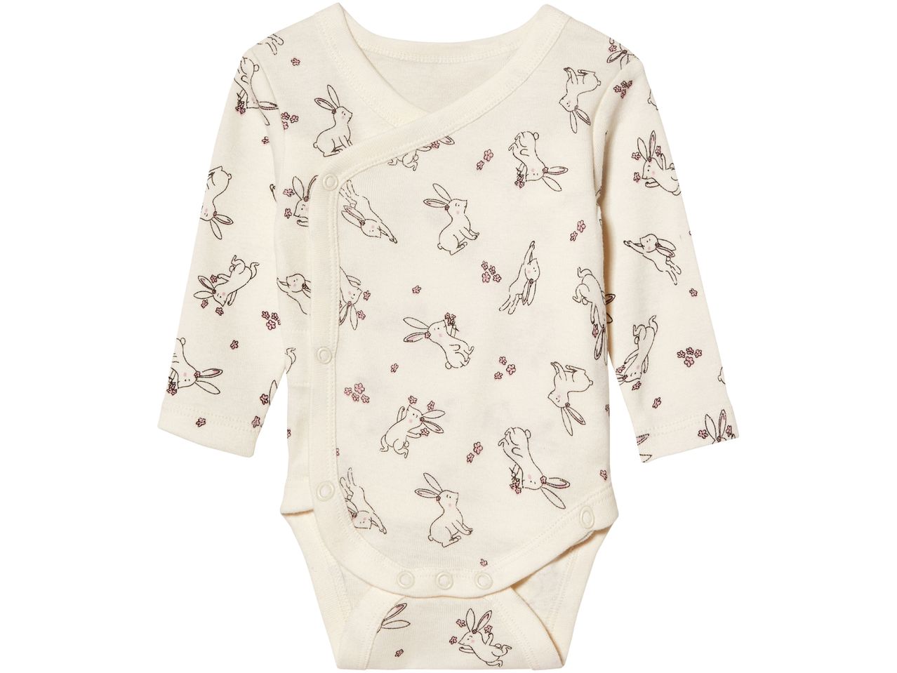 Cream baby bodysuit with bunny and flower print.