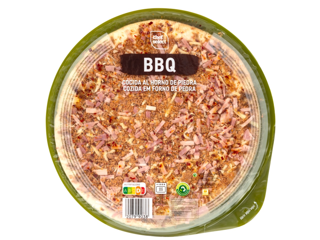 Pizza de churrasco cozida em forno de pedra, com Nutri-Score B e instruções de cozedura.