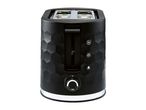 Black two-slice toaster with textured honeycomb design and chrome accents