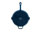 Blue cast iron skillet with a long handle and a smaller helper handle, viewed from the bottom.