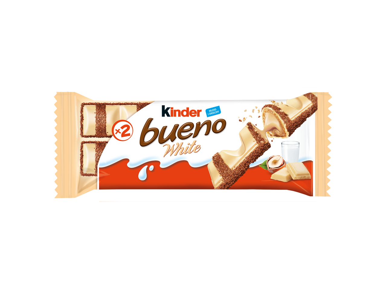 Kinder Bueno White vaflinis batonėlis su baltojo šokolado ir lazdyno riešutų įdaru.