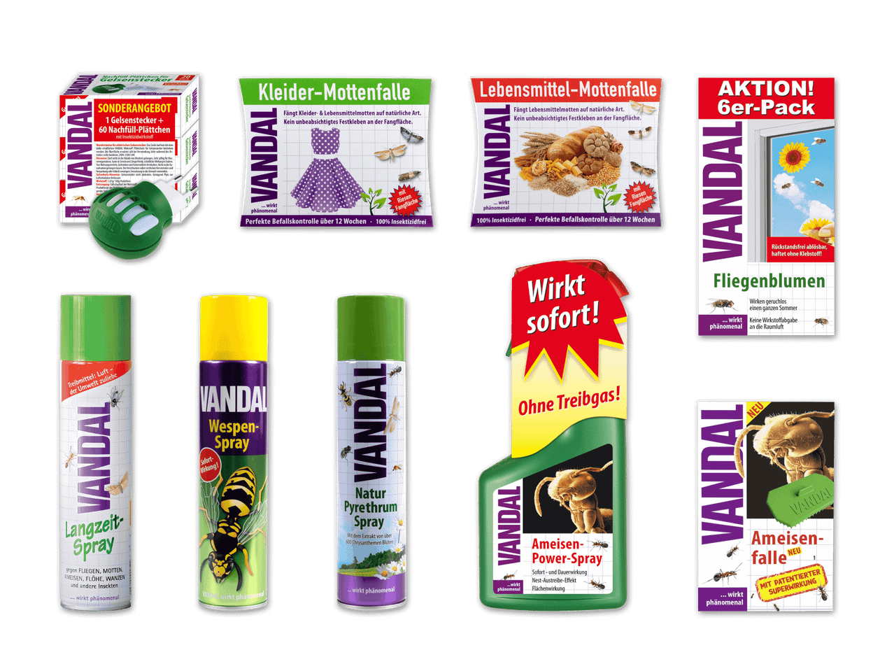 Eine Auswahl an Insektenschutzmitteln, darunter Mückenschutz, Mottenfallen, Wespenspray und Ameisenfallen.