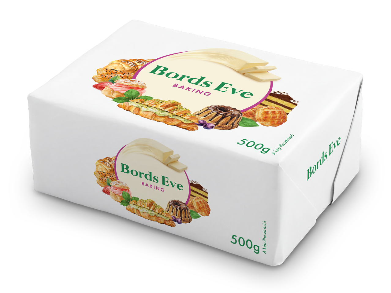 500 grammos sütőmargarin csomagolása sütemények illusztrációjával.