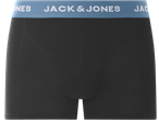 Zwarte Jack & Jones boxershorts met blauwe tailleband en wit logo.