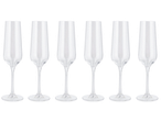 Six clear champagne flutes with frosted stems and bases on a black background.