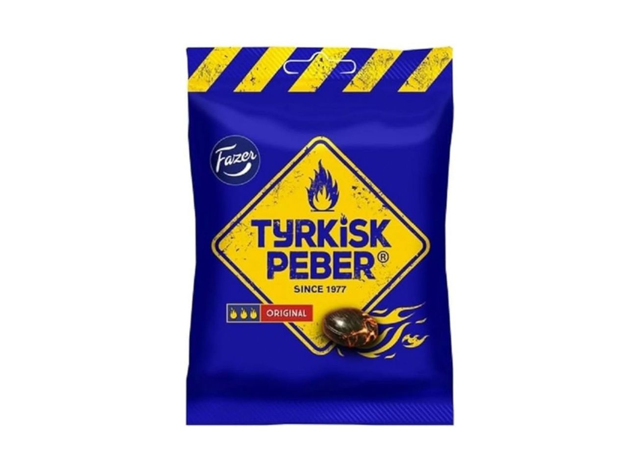 A blue bag of Fazer Trykisk Peber candy with a yellow diamond logo.
