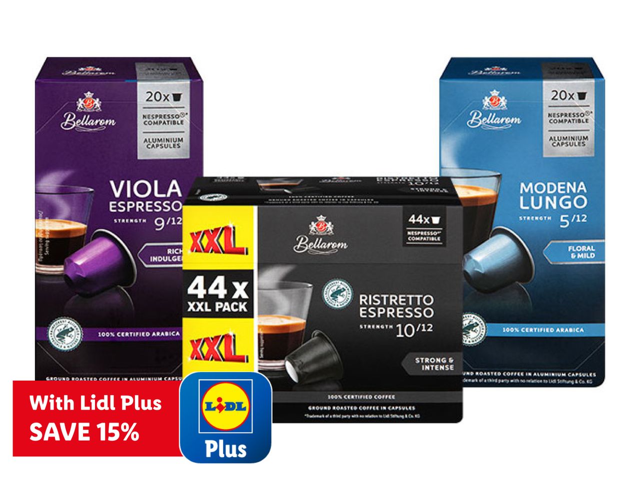 Bellarom Nespresso compatible coffee capsules in Viola Espresso, Modena Lungo, and Ristretto Espresso varieties, with a Lidl Plus 15% discount.