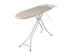 Ironing board with a beige cover featuring a white leaf pattern, and a white metal frame.